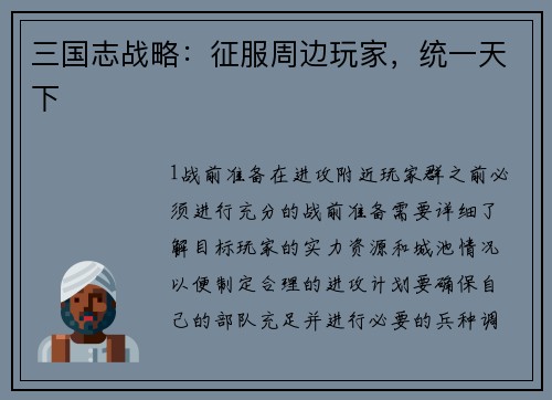 三国志战略:征服周边玩家,统一天下